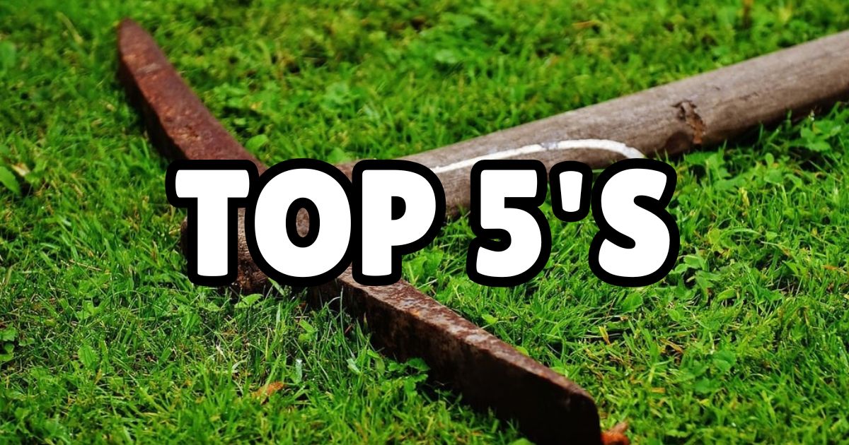 A rusty pickaxe lying on green grass with the text 'TOP 5'S' in bold white letters overlaid on the image.