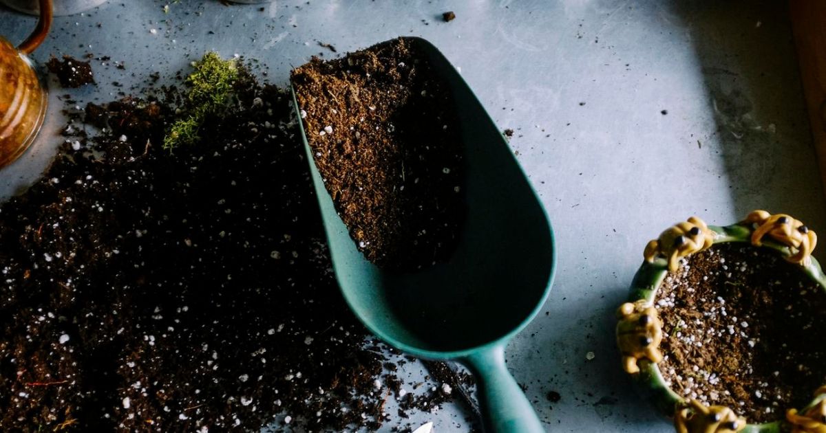 A gardening trowel filled with soil is placed on a surface, with soil scattered around it. A small, decorative pot filled with soil is nearby. The scene suggests gardening or potting activities.