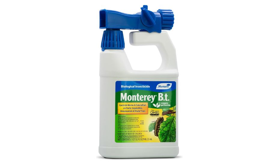 Monterey B.t. biological insecticide spray bottle for controlling worms and caterpillars on fruits, vegetables, ornamentals, and shade trees.