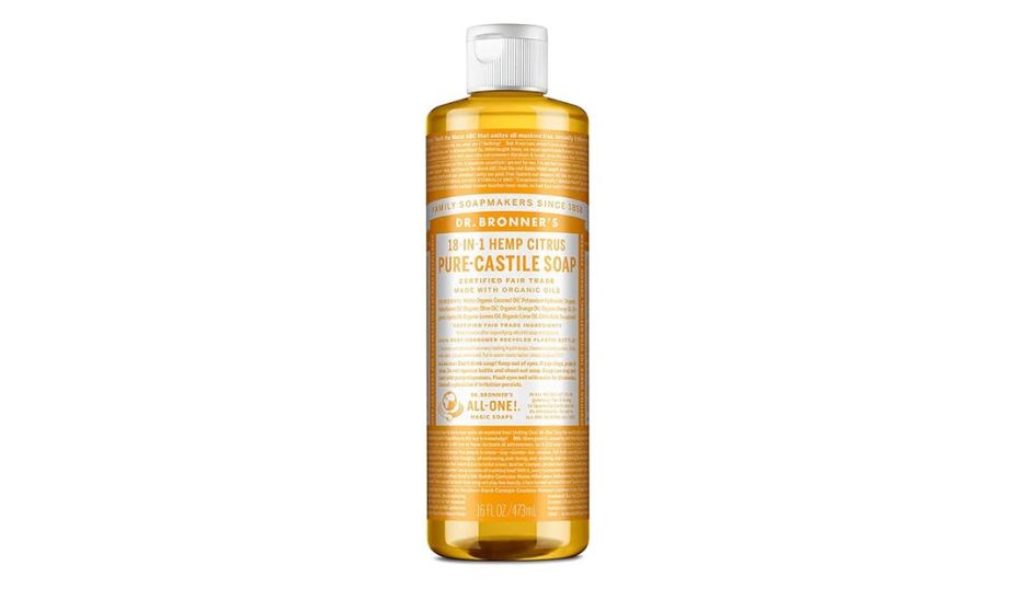 A bottle of Dr. Bronner's 18-in-1 Hemp Citrus Pure-Castile Soap. The bottle is yellow with a white cap and contains 16 fl oz (473 ml) of soap.