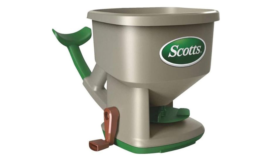 Scotts Whirl Hand-Powered Spreader, ideal for seeds, fertilizer, salt, and ice melt; handheld spreader holds up to 1,500 sq. ft. of product.