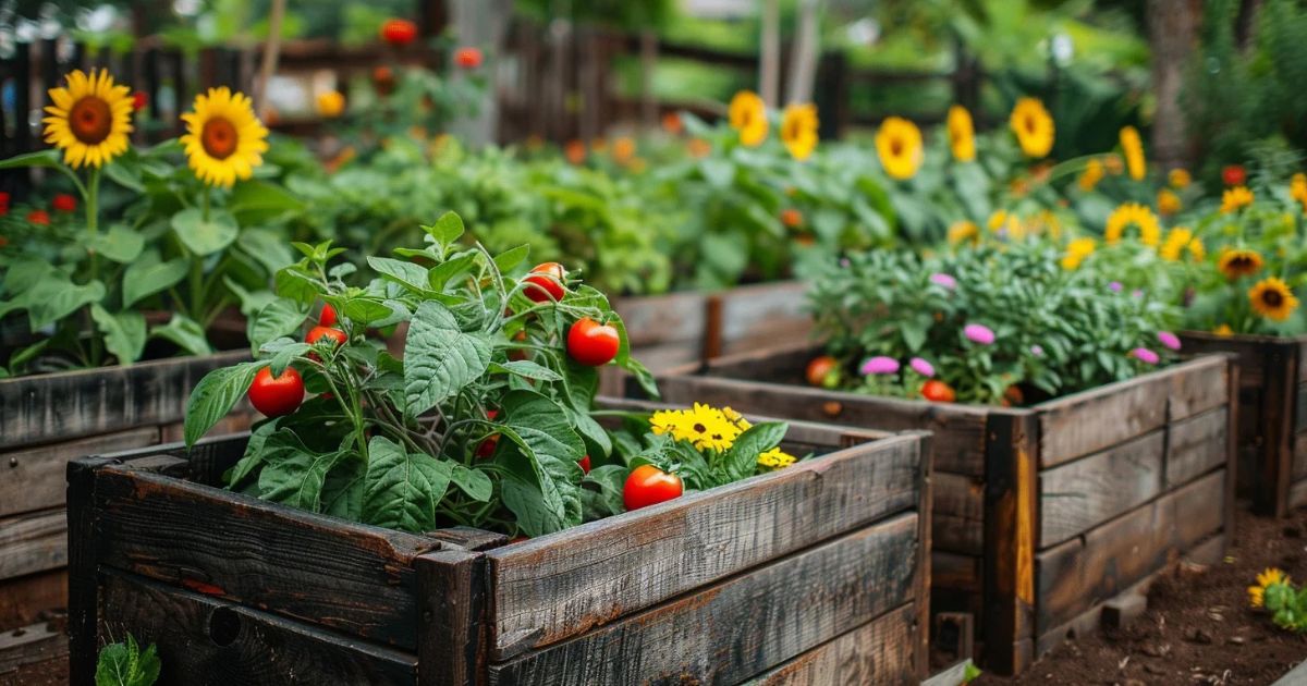 Raised garden beds with various plants including tomato plants with ripe red tomatoes, sunflowers, and other colorful flowers.