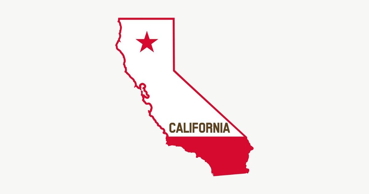 Outline of the state of California with a red star in the northern part and the word 'CALIFORNIA' written in bold, brown letters in the southern part. The lower portion of the state is filled with red color.