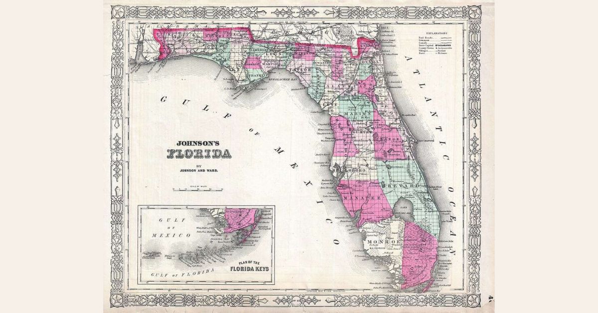 A historical map titled Johnson's Florida by Johnson and Ward. The map shows the state of Florida with its counties outlined and shaded in different colors, primarily pink and green. The map includes geographical features such as the Gulf of Mexico and the Atlantic Ocean. There is an inset map at the bottom left corner labeled Plan of the Florida Keys, detailing the Florida Keys region. The map is bordered by an ornate decorative frame.