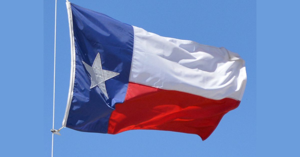 The image shows the flag of Texas, which consists of a vertical blue stripe with a single white star, and horizontal white and red stripes.